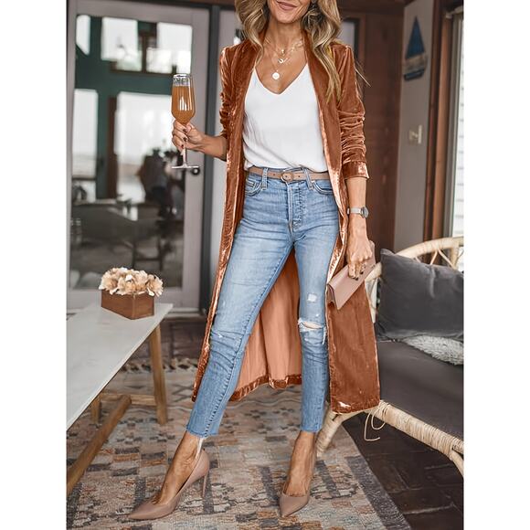 Velvet Open Front Long Cardigan in Green - Picture 5 of 6